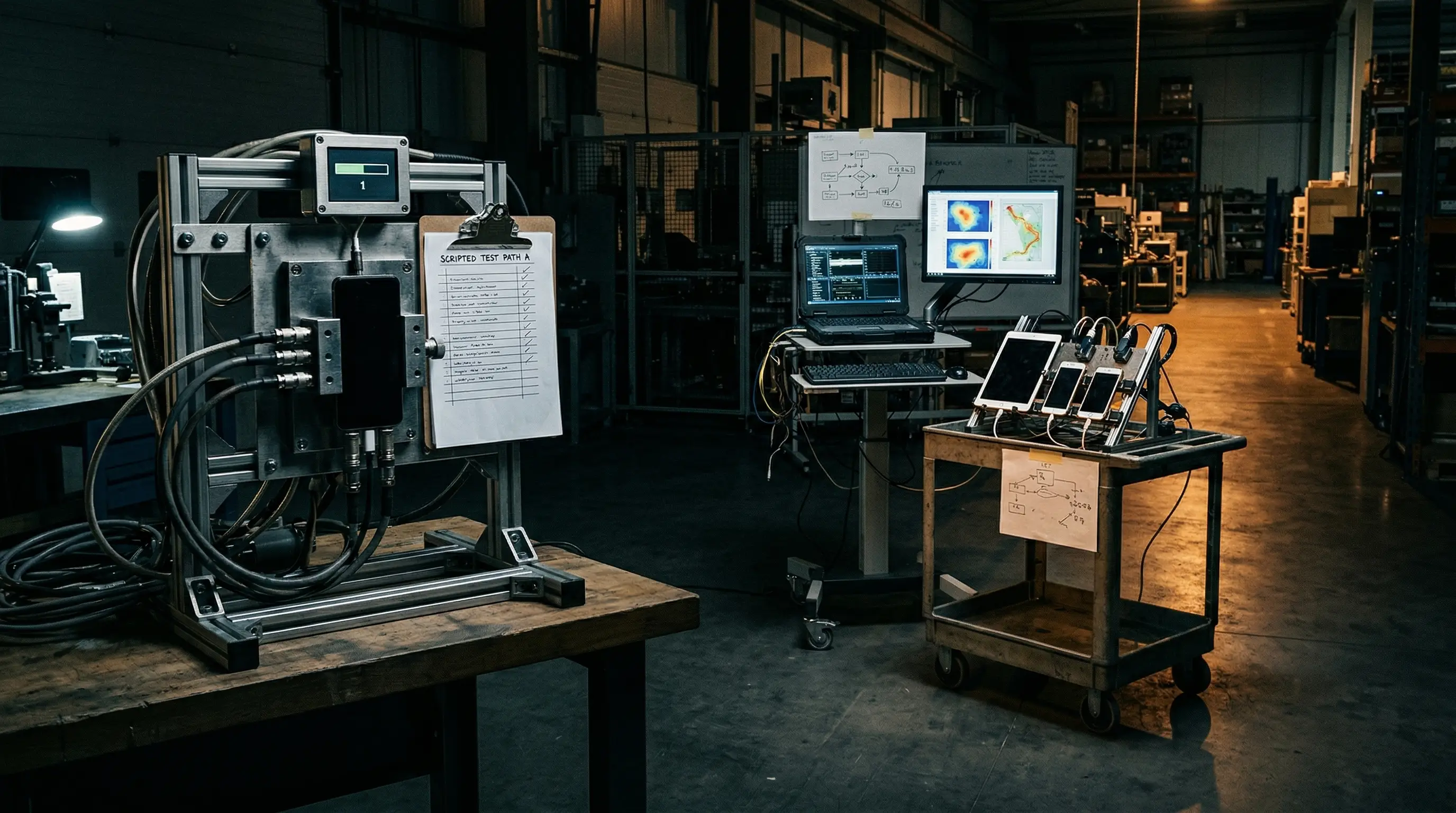 A rigid industrial test rig facing a more adaptive autonomous testing workstation