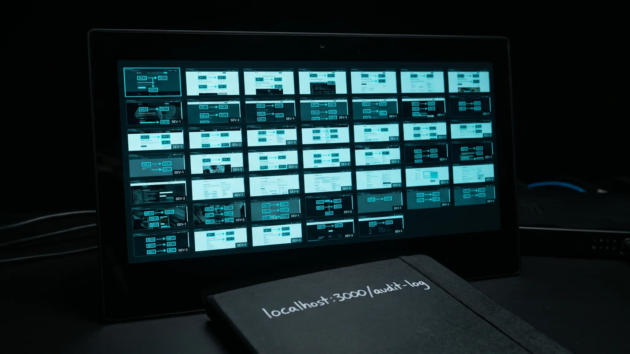 A dark glass panel with screenshot contact sheets, cyan issue rectangles, and severity numbers.