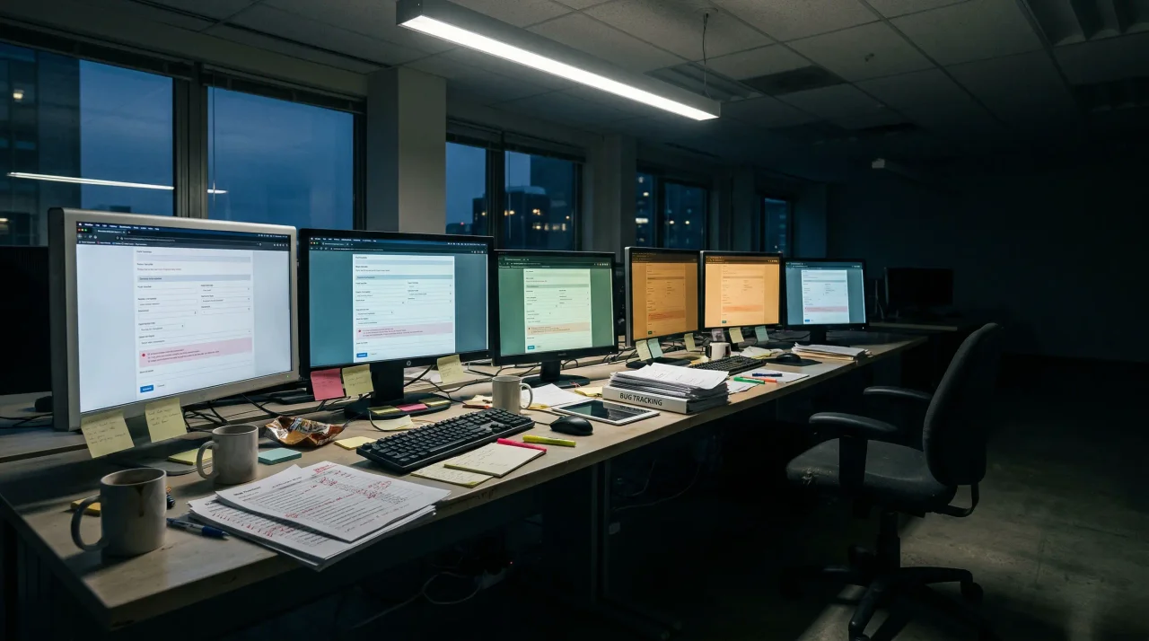 A dark after-hours QA room with repeated browser tests across multiple monitors, paper checklists, and late-night monitor glow