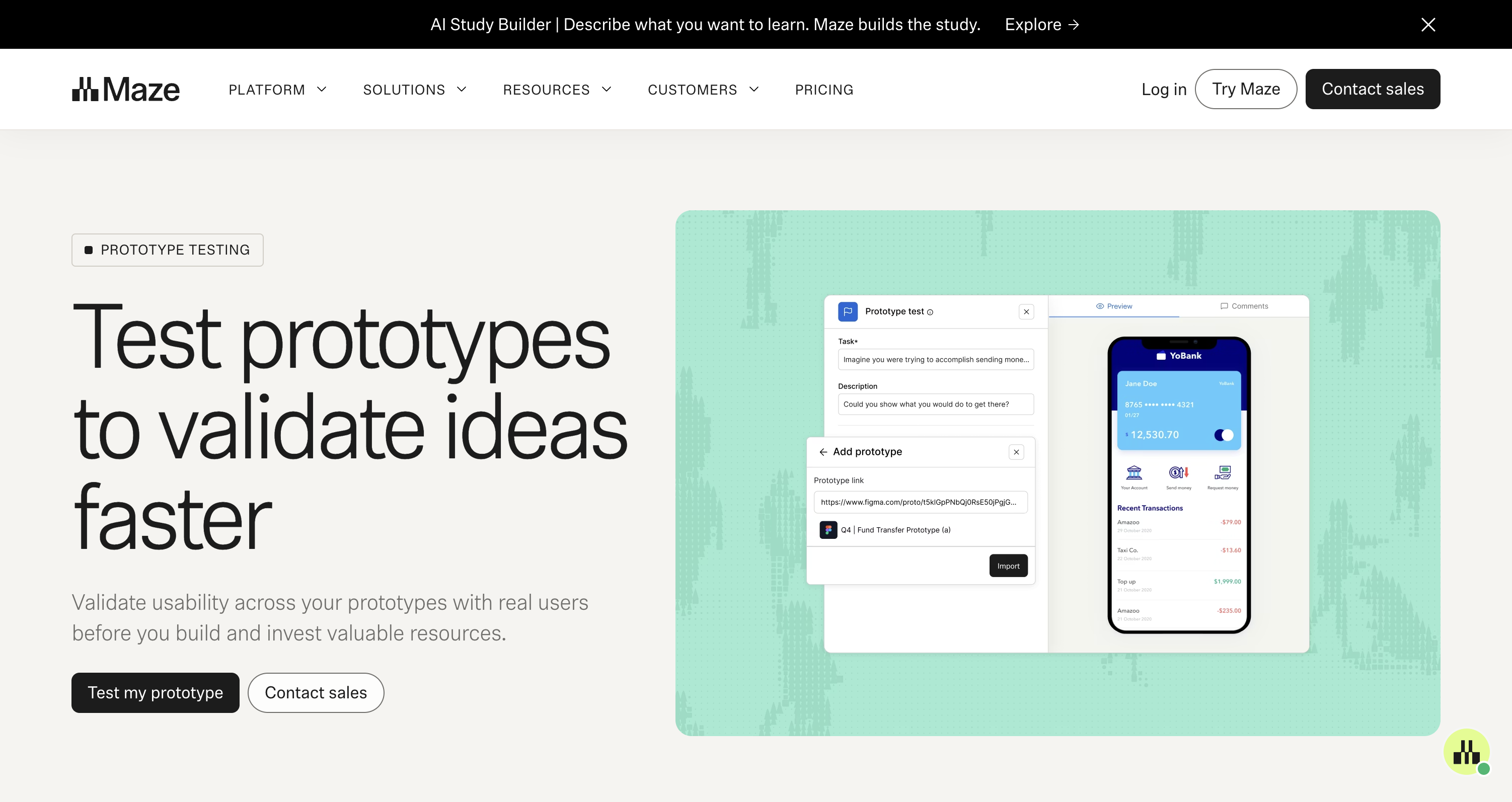 Screenshot of the Maze prototype testing page showing a prototype study interface