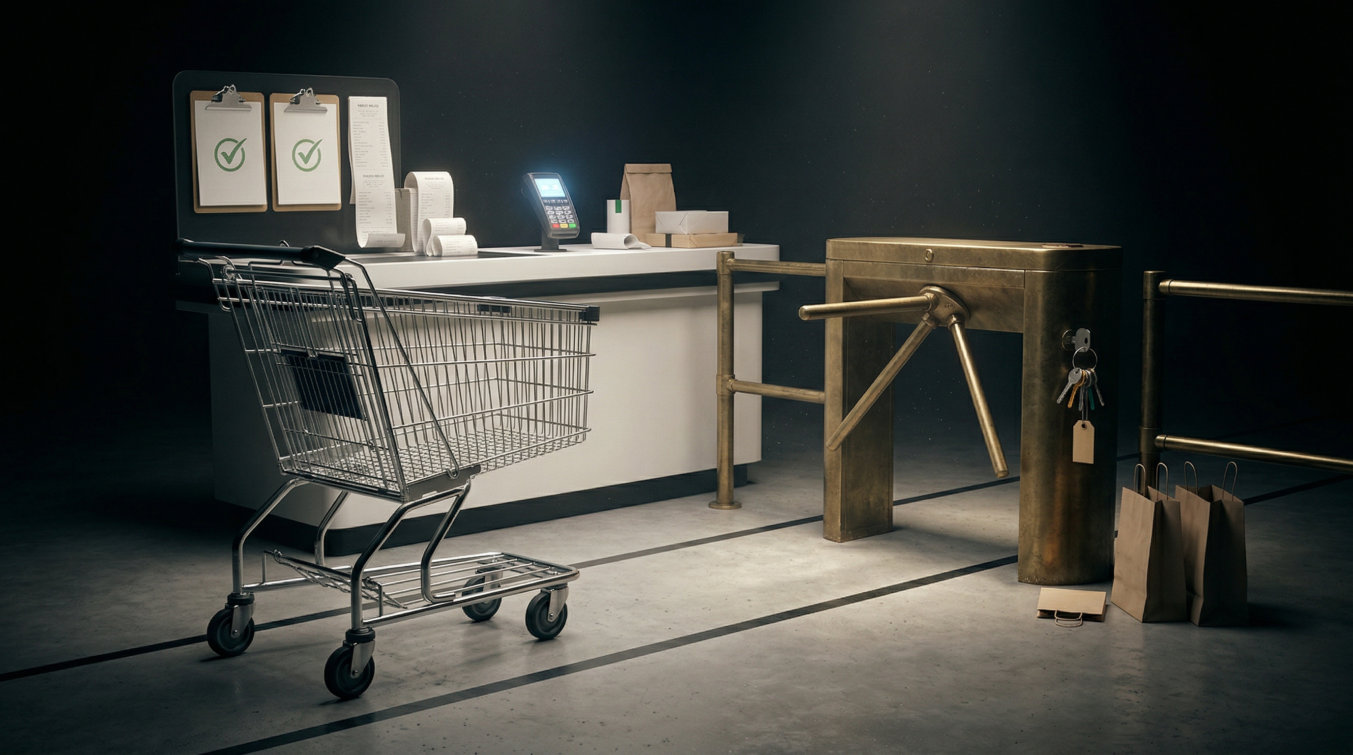 A pristine checkout lane with every signal approved, blocked by a locked brass turnstile