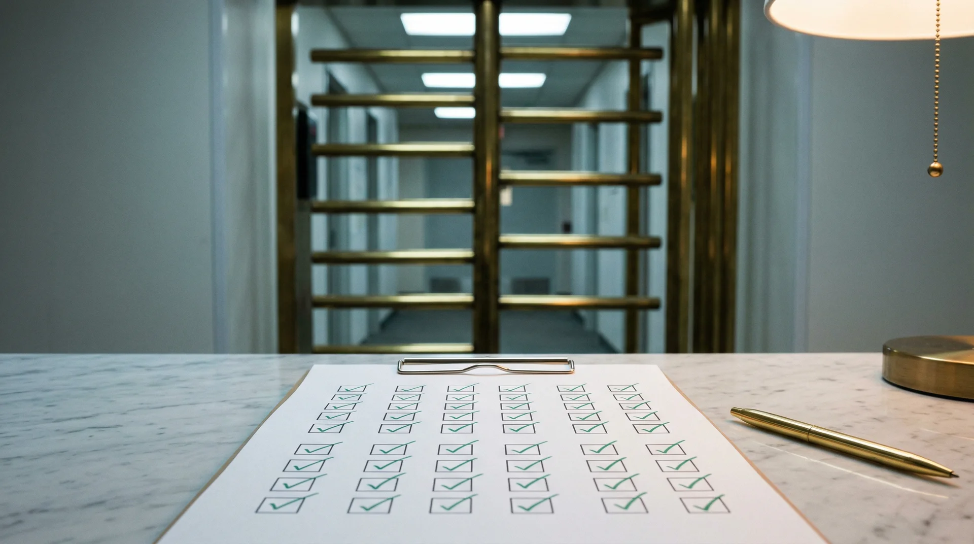 A pristine checkout lane with every signal approved, blocked by a locked brass turnstile