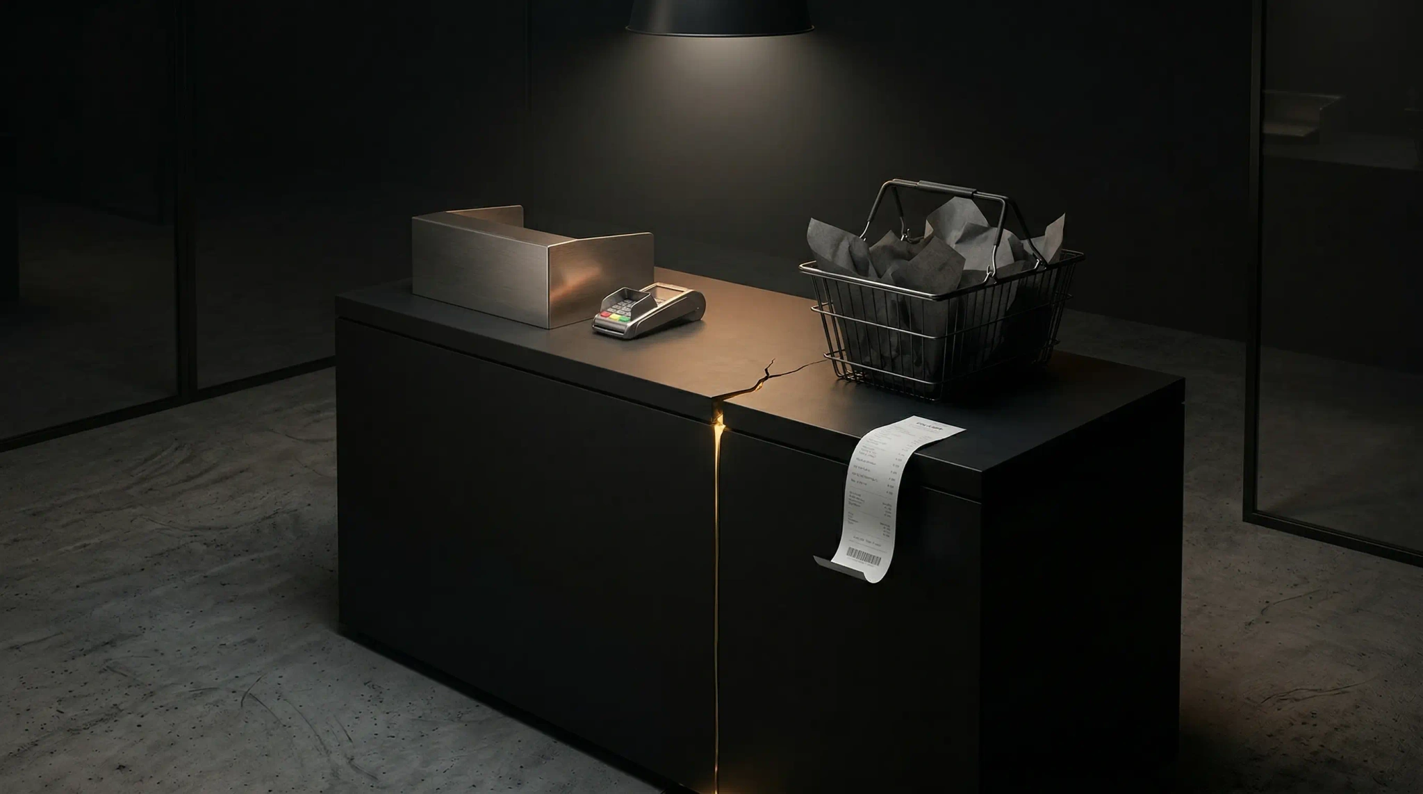 Dark editorial still life of a shopping basket and card reader leaking gold light into shadow, symbolizing revenue lost to checkout UX failures