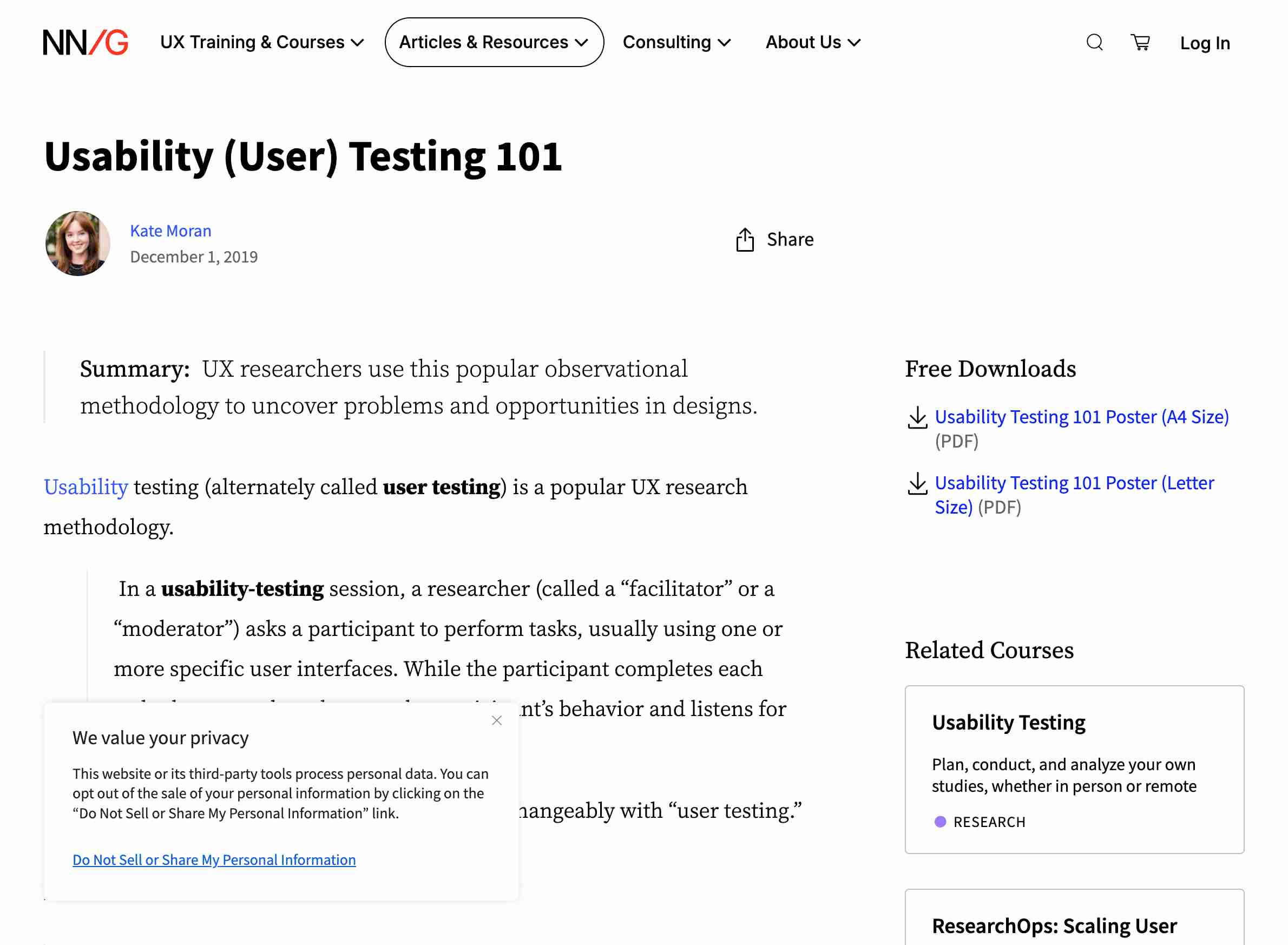 Screenshot of Nielsen Norman Group usability testing 101