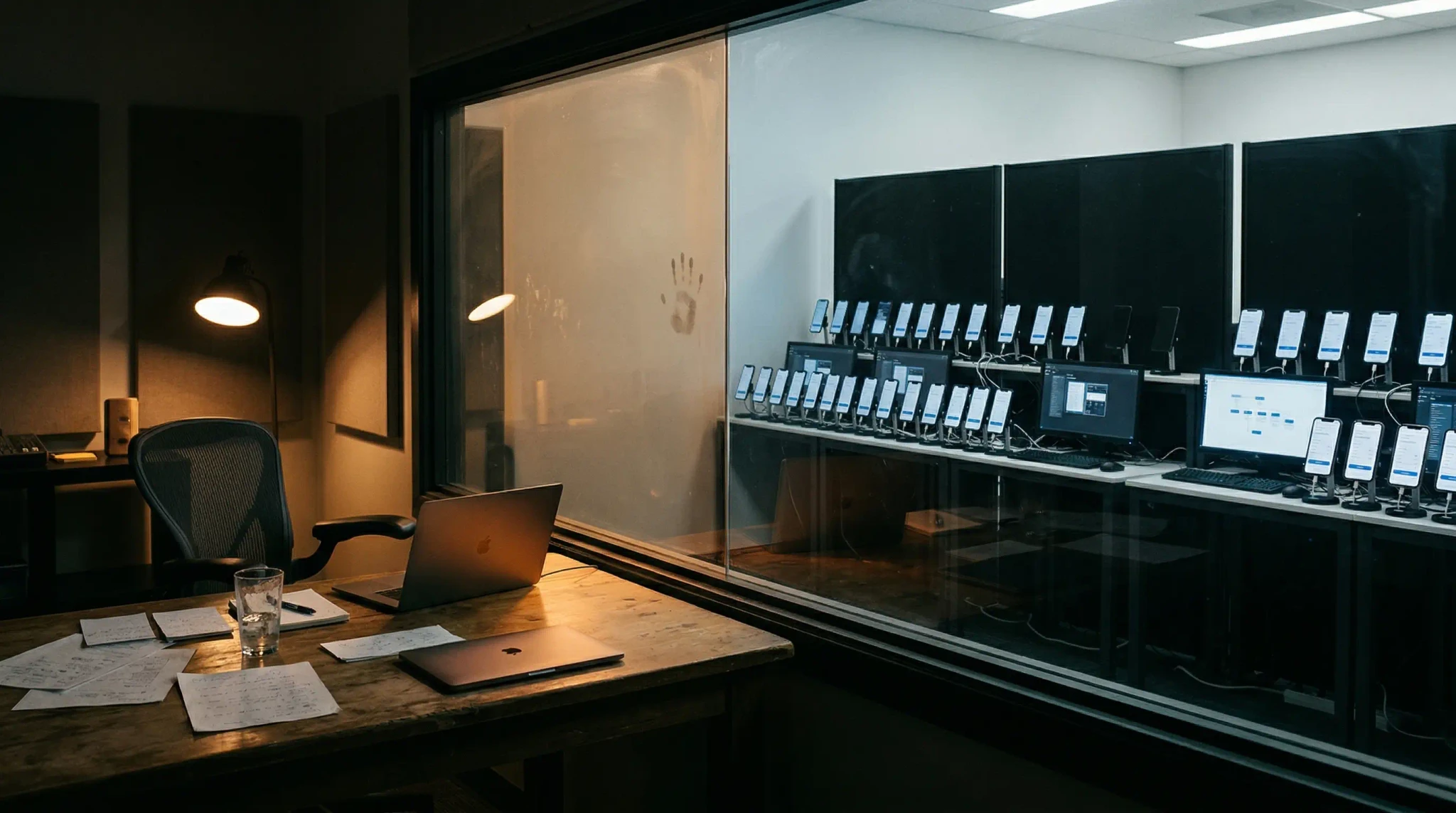 A dim usability observation desk faces a glass wall into a bright bank of repeated test screens, visualizing manual human insight versus AI-powered coverage.