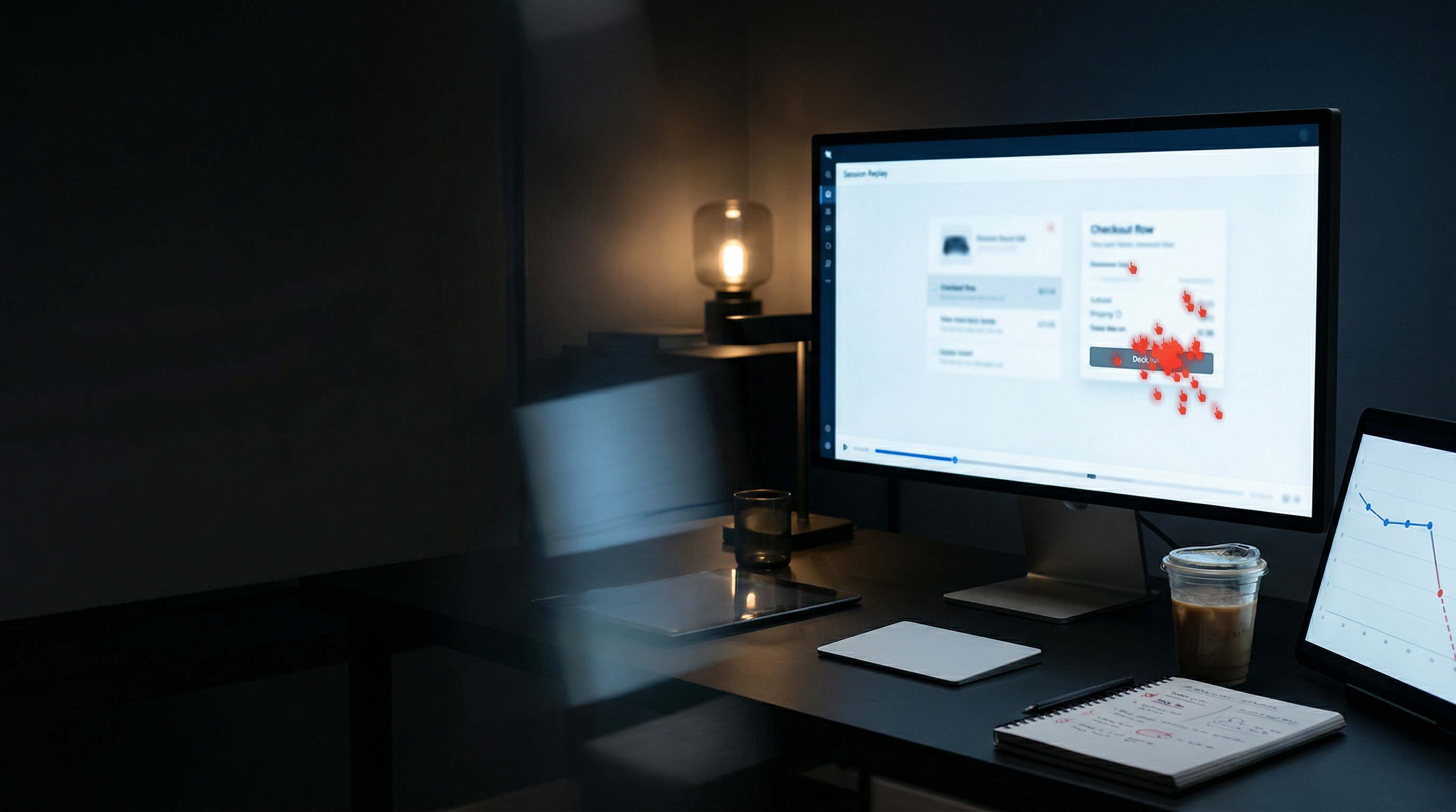 A dark analytics war room where a blurred session replay and abandonment heatmap reveal the exact moment users lose trust and leave